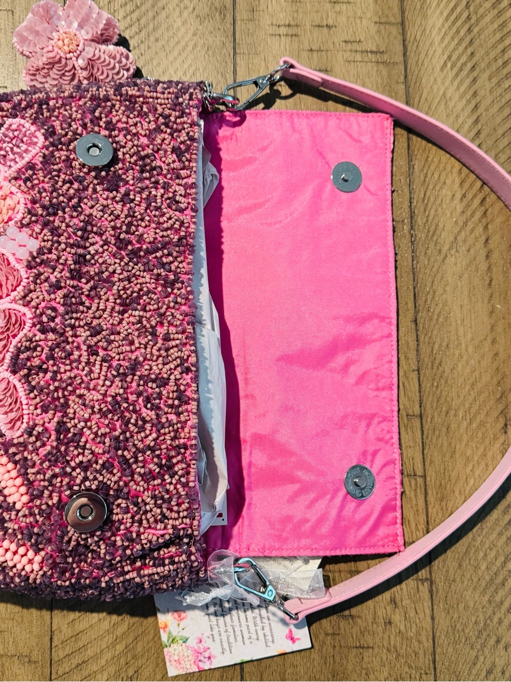 NWT Handmade in India Pink Floral Beaded Shoulder Bag with Detachable Charm - Picture 12 of 16